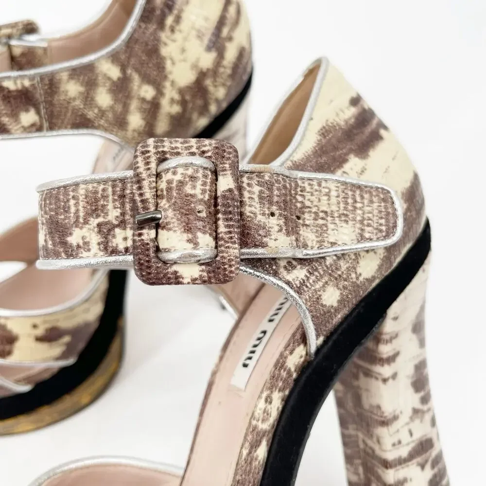 Miu Miu Beige Black Gold Teju Lizard Embossed Platform Sandals Heels IT 39.5